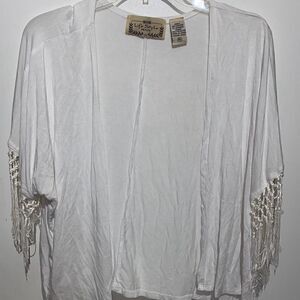 Life Style Women's Knotted Fringe String Open Front Beach White Cardigan Size PS